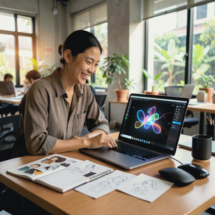 Seorang content creator profesional di ruang kerja modern yang menggunakan laptop untuk menghasilkan aset visual berkualitas tinggi dengan bantuan kecerdasan buatan (AI).