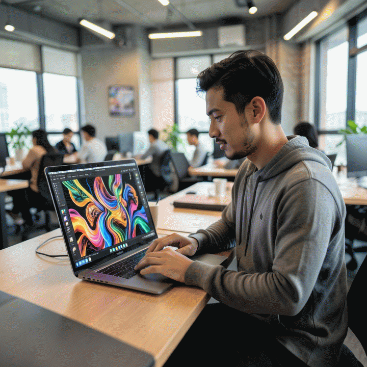 Seorang content creator profesional di kafe modern yang tampak mudah menghasilkan aset visual berkualitas tinggi dan beragam menggunakan antarmuka alat desain berbasis AI futuristik pada laptopnya.