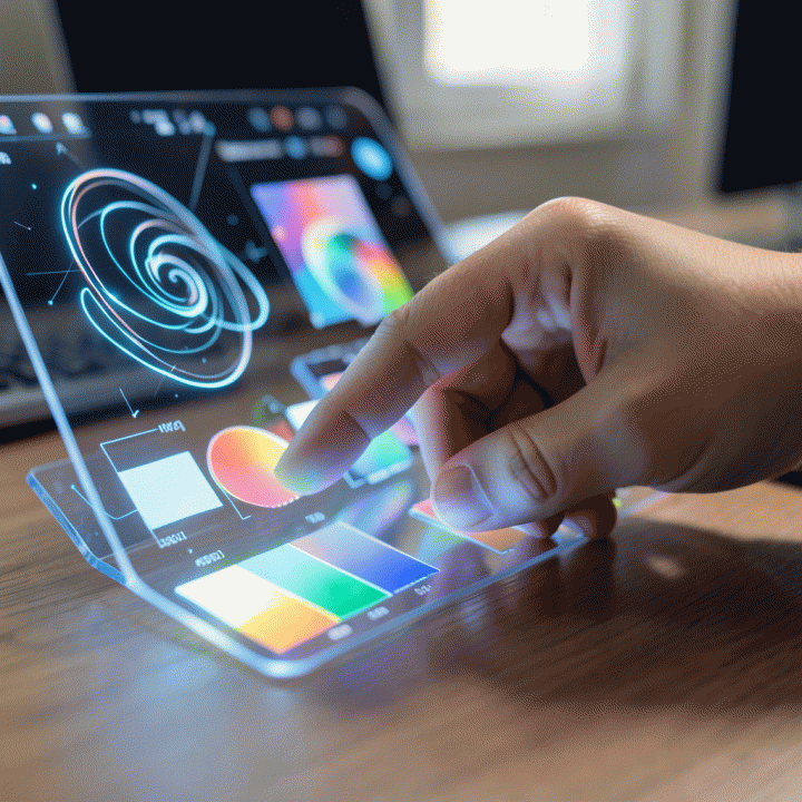 Penggunaan interaksi tangan futuristik dengan antarmuka digital yang menampilkan beragam aset grafis abstrak untuk desain otomatis.