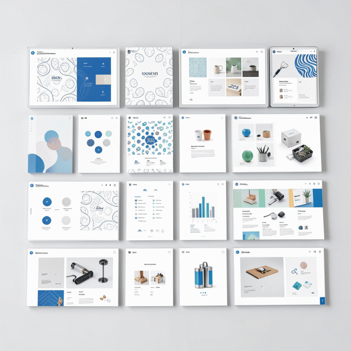 Tampilan overhead dari koleksi aset visual digital yang rapi dan beragam (pattern, mockup, template) menunjukkan konsistensi merek untuk kebutuhan konten massal.