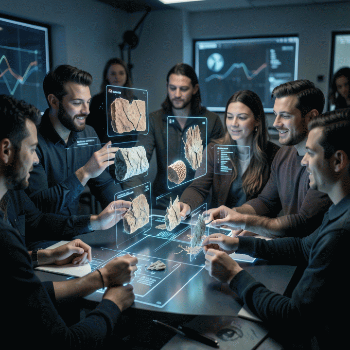 Ilustrasi fotorealistik yang menampilkan para kreator berkolaborasi di ruang kerja futuristik, menggunakan teknologi AI untuk menghasilkan aset visual digital yang terlihat otentik dan bertekstur, bukan sempurna secara digital.