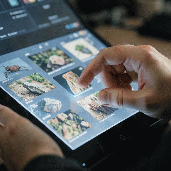 Tangan seorang desainer berinteraksi dengan antarmuka digital yang menampilkan berbagai aset visual bertekstur, menunjukkan proses pembuatan aset yang otentik menggunakan AI.