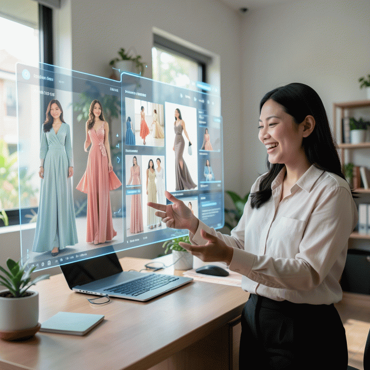 Pengusaha online yang menggunakan alat AI di kantor modern untuk menghasilkan visual iklan fashion secara instan.