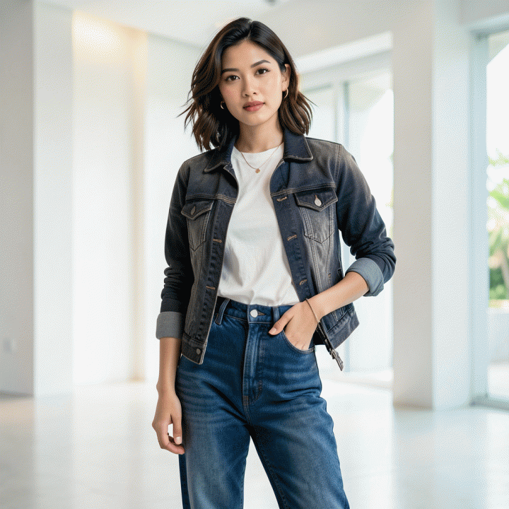 Model fashion Indonesia berpose profesional dalam studio modern, merepresentasikan visual iklan produk fashion yang menarik dan trendi.