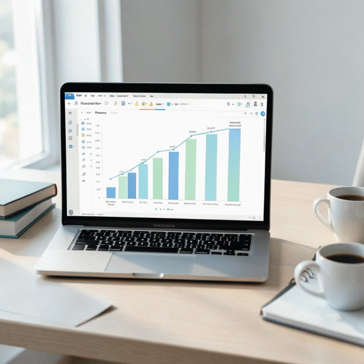 Visualisasi pelunasan utang yang terstruktur dan profesional pada layar laptop di atas meja kerja yang rapi, menunjukkan kemajuan finansial yang positif.