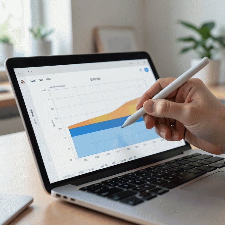 Tangan sedang memasukkan data ke spreadsheet di laptop, menampilkan visualisasi kemajuan pelunasan utang yang semakin penuh.