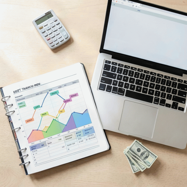 Tata letak meja kerja yang rapi berisi buku catatan pelacak utang dan laptop dengan visualisasi utang yang sederhana dan berwarna.