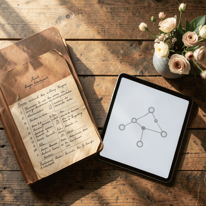 Flat lay berisi album foto keluarga tua, bagan silsilah tangan, dan tablet modern yang menampilkan visualisasi pohon keluarga digital yang rapi.