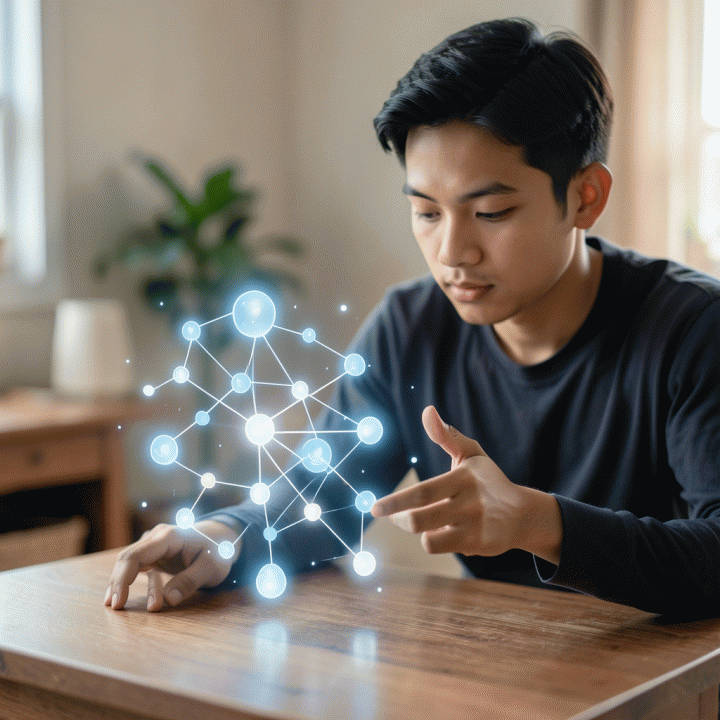 Seorang anak muda Indonesia berinteraksi dengan antarmuka holografik abstrak yang menampilkan jaringan silsilah keluarga, menunjukkan proses rekonstruksi kenangan digital.