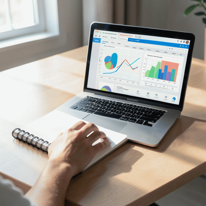 Tangan di atas meja kayu dengan laptop dan buku catatan yang menampilkan visualisasi spreadsheet keuangan yang terstruktur, melambangkan rencana pelunasan utang kartu kredit.