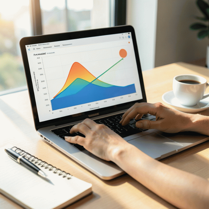 Tangan sedang menganalisis visualisasi progres pelunasan utang yang cerah dan terstruktur di layar spreadsheet modern, menunjukkan perjalanan menuju kebebasan finansial.
