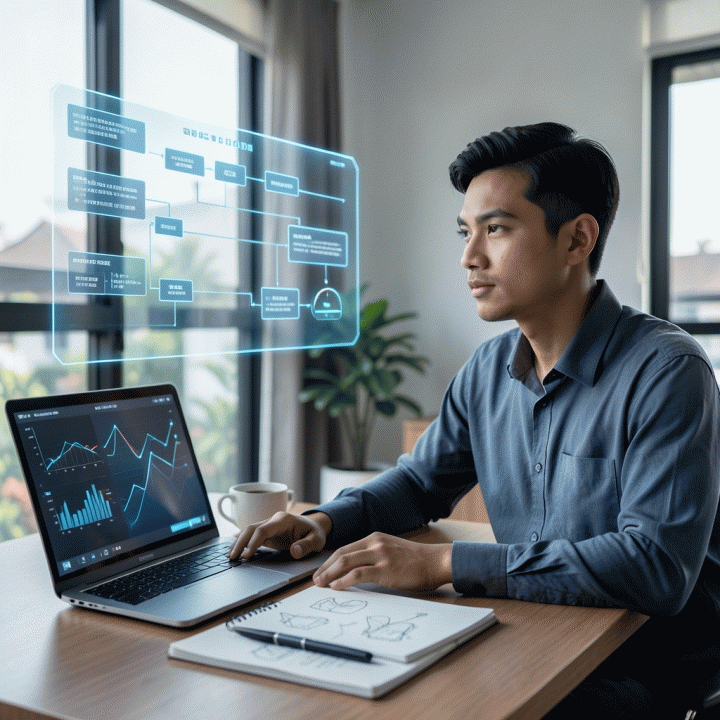 Seorang konten kreator muda Indonesia yang profesional dan bersemangat, bekerja di meja modern, menatap antarmuka hologram yang menampilkan diagram alir bisnis yang terstruktur, melambangkan formalisasi ide kreatif menjadi rencana bisnis yang legal dan stabil.