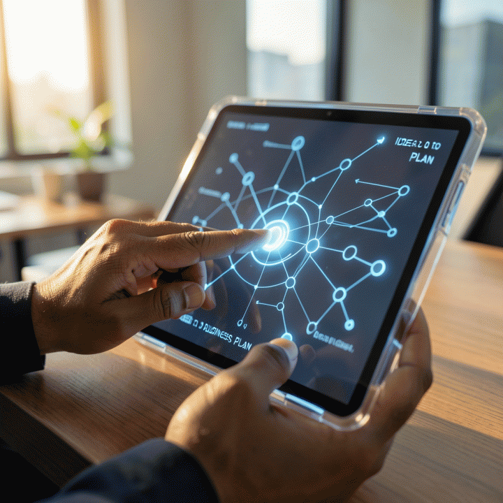 Tangan founder Indonesia berinteraksi dengan tablet futuristik yang menampilkan diagram alir bisnis, melambangkan proses mengubah ide menjadi rencana bisnis terstruktur menggunakan AI.