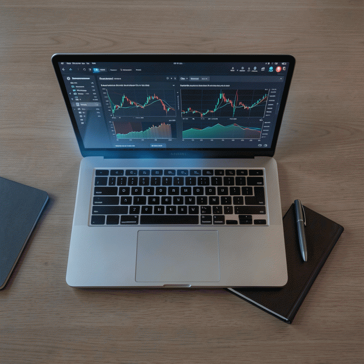 Pandangan atas meja kerja profesional yang menampilkan laptop dengan visualisasi data abstrak, menunjukkan proses riset pasar dan perencanaan bisnis yang didukung teknologi AI.