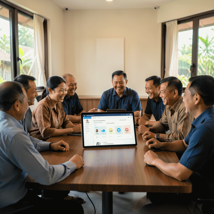 Kelompok pengurus RT/RW Indonesia yang sedang berdiskusi di ruang pertemuan modern dengan melihat dashboard digital yang menampilkan data administrasi lingkungan secara transparan.