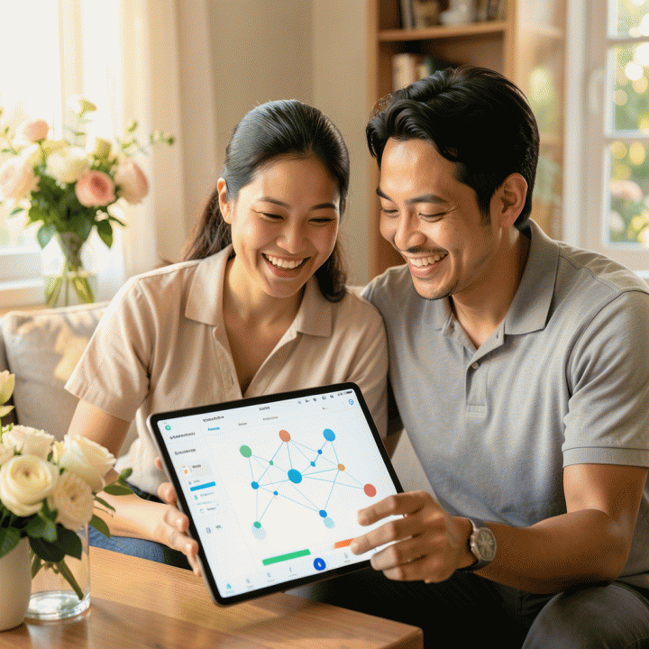 Pasangan pengantin Indonesia yang bahagia dan tenang sedang meninjau rencana pernikahan dan anggaran di tablet digital yang menampilkan visualisasi data yang rapi.