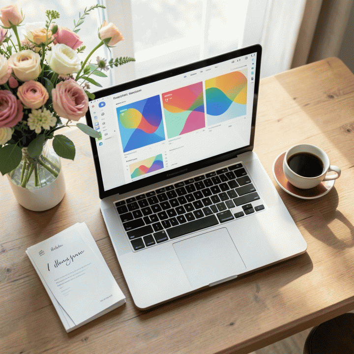 Meja perencanaan pernikahan yang rapi dan terorganisir, menampilkan laptop dengan dashboard digital, bunga, dan alat tulis.