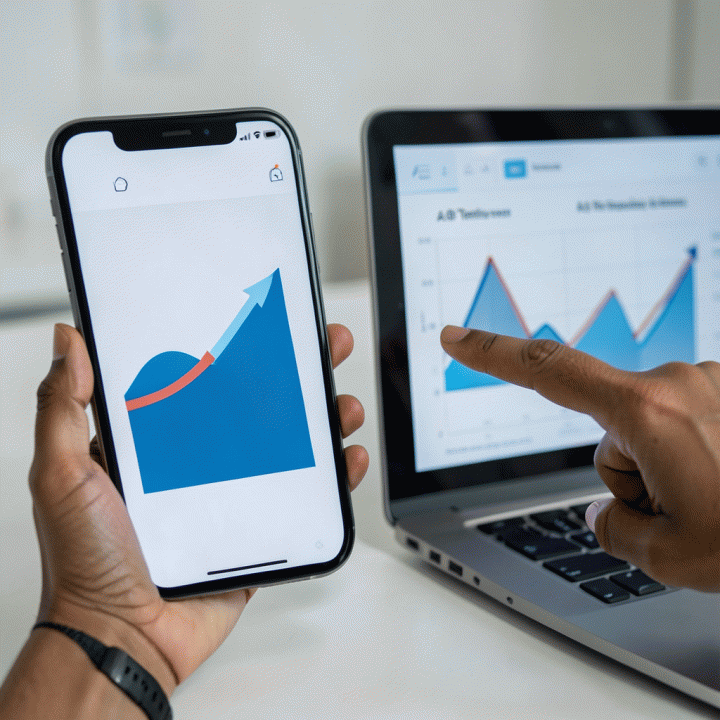 Perbandingan visual data performa thumbnail (A/B testing) yang ditampilkan di layar gawai, menunjukkan analisis data yang terstruktur.