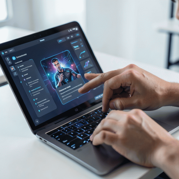 Tangan content creator menggunakan alat AI untuk menghasilkan thumbnail visual berkualitas tinggi secara otomatis.