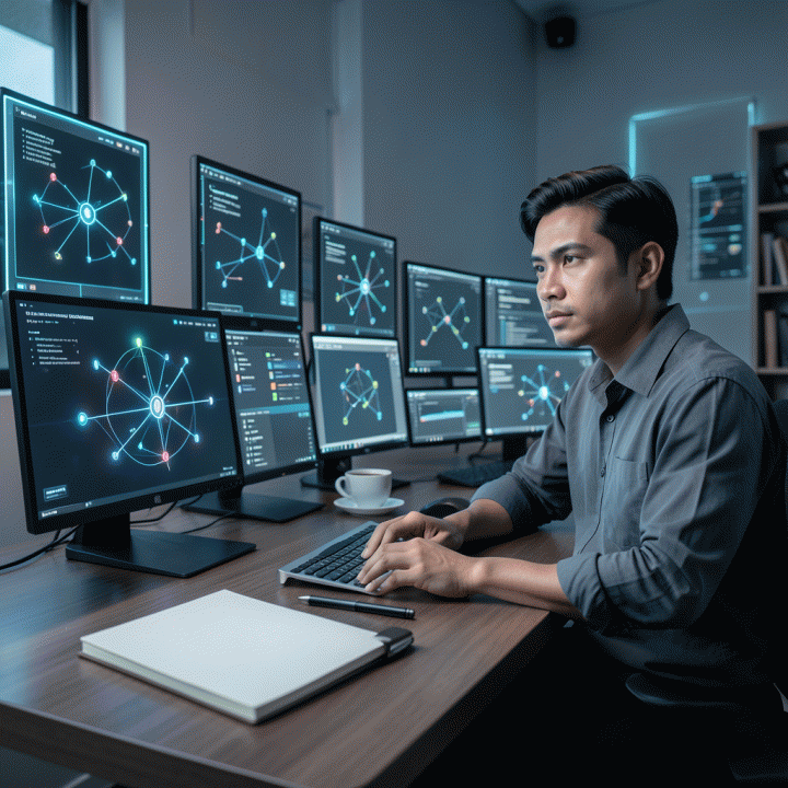 Ilustrasi fotorealistik seorang content creator modern di ruang kerja yang efisien, dikelilingi oleh visualisasi alur kerja (workflow) digital AI yang canggih, menunjukkan proses pembuatan konten yang terotomatisasi.