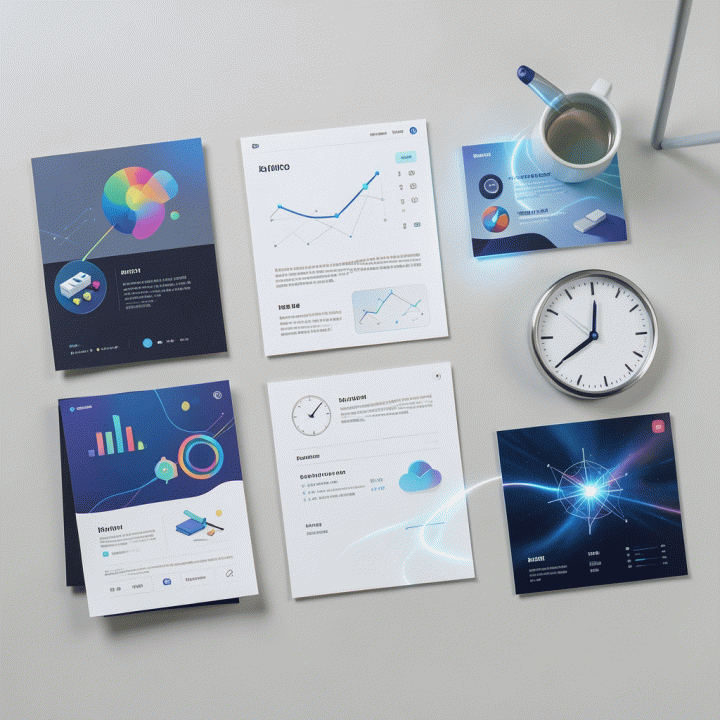 Tata letak flat lay aset visual digital yang beragam dan profesional, menunjukkan hasil akhir dari proses konten AI yang cepat dan siap pakai.