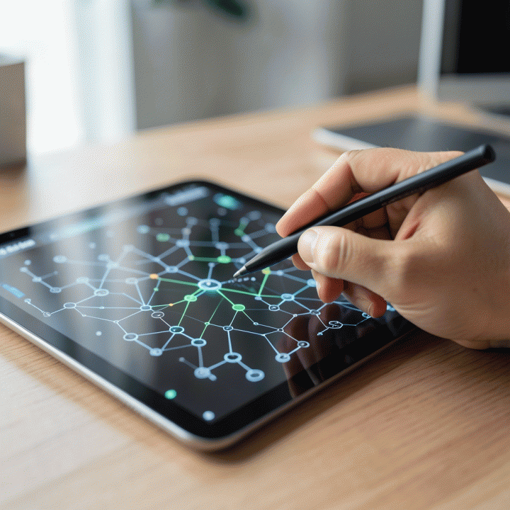 Tangan menggunakan stylus pada tablet digital yang menampilkan visualisasi alur kerja otomatisasi (workflow automation), menekankan efisiensi proses kerja AI.