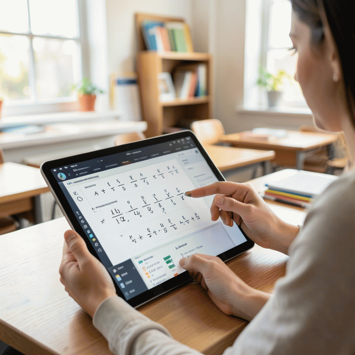 Guru menggunakan tablet untuk menghasilkan worksheet matematika otomatis menggunakan antarmuka AI di ruang kelas yang cerah.
