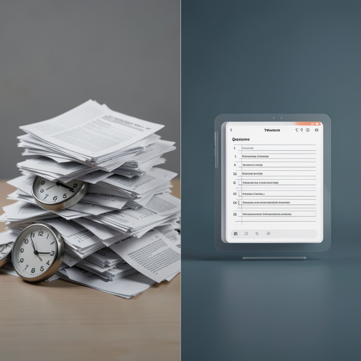 Visualisasi efisiensi waktu: kertas berserakan berubah menjadi paket worksheet matematika digital yang terorganisir, menunjukkan penghematan waktu.