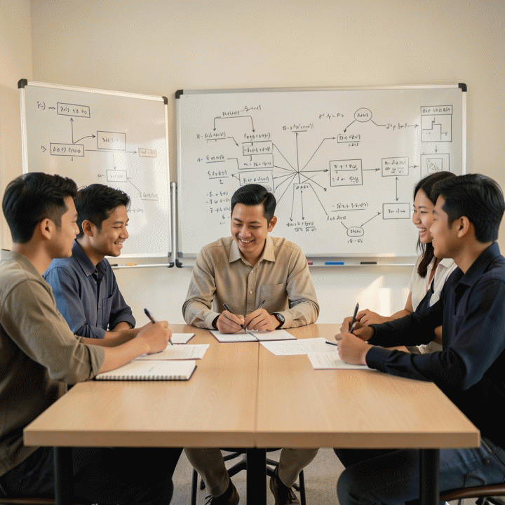 Kelompok profesional muda Indonesia sedang berdiskusi kolaboratif dan memecahkan masalah kompleks di atas whiteboard, menunjukkan peningkatan sinergi nalar cerdas.