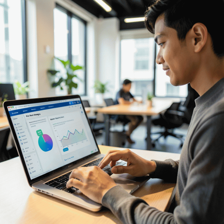 Marketer muda menggunakan AI dashboard untuk menganalisis pain point pasar secara instan di co-working space.