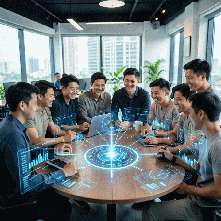 Sekelompok founder muda Indonesia berkolaborasi di ruang kerja modern, dikelilingi oleh visualisasi data dan blueprint bisnis digital yang dihasilkan oleh antarmuka AI futuristik.