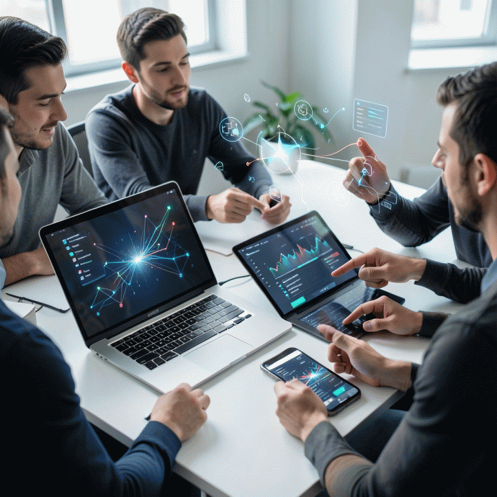 Beberapa profesional berkumpul di sekitar meja dengan berbagai perangkat digital untuk berdiskusi tentang strategi konten dan pembuatan hook yang menarik.