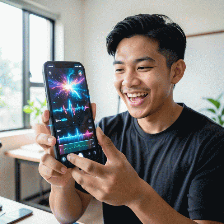 Seorang kreator konten muda Indonesia menggunakan smartphone di studio modern, menampilkan antarmuka AI editing yang canggih, menggambarkan proses pembuatan YouTube Shorts viral.