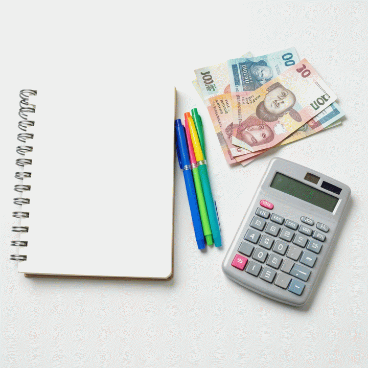 Tata letak flat lay alat-alat budgeting seperti buku catatan, uang, dan pena, menunjukkan persiapan perencanaan keuangan yang terstruktur.