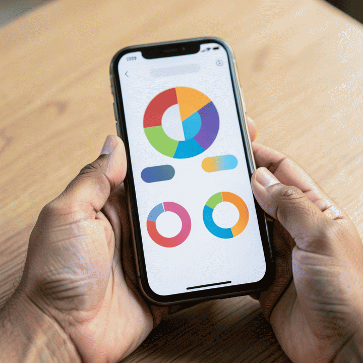 Tangan menggunakan aplikasi anggaran digital di smartphone, menampilkan visualisasi alokasi dana yang terstruktur tanpa teks yang terbaca.